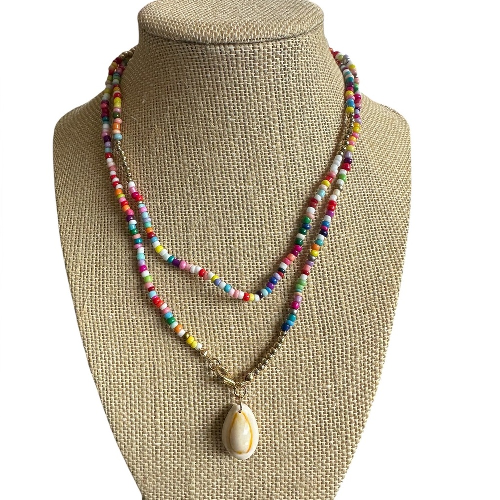 Multicolor Beaded Double-Layer Necklace with Shell Pendant